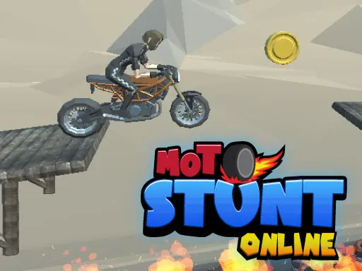 Motociclista com traje preto realizando uma manobra em uma moto sobre uma pista flutuante, com um ponto de moeda dourada ao fundo. O título "Moto Stunt Online" está em destaque abaixo.